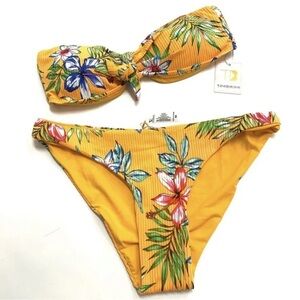 TiniBikini Yellow Floral Printed Strapless Bikini Top Briefs Bottoms Swim Set